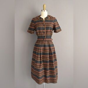 50s Vintage Dress Deadstock Striped Pattern with Original Belt